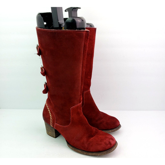 Bed Stu Womens Size 7 Red Suede Leather Side Zip Buckles Heeled Boots - Picture 1 of 13